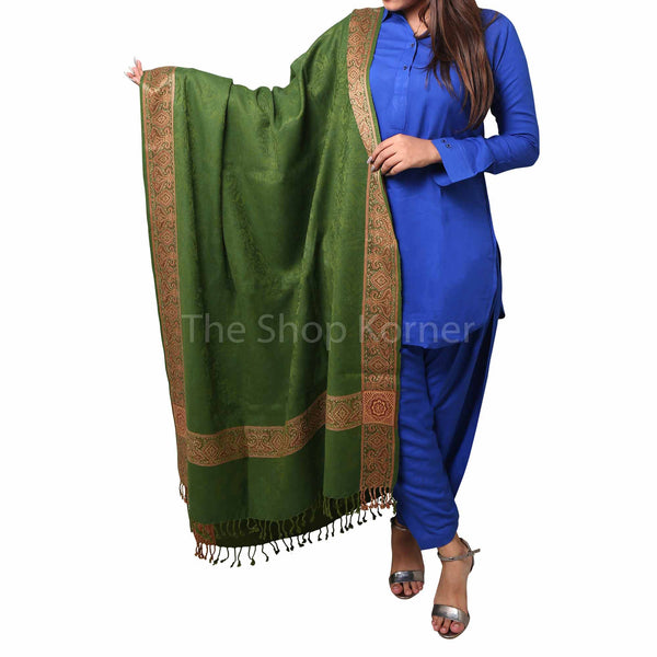 Olive Green Kashmiri 4 Border Acro Woolen Shawl / Dupatta For Her