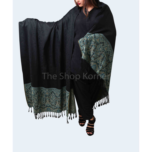 Black Acro Woolen Kani Palla Shawl / Stole For Her