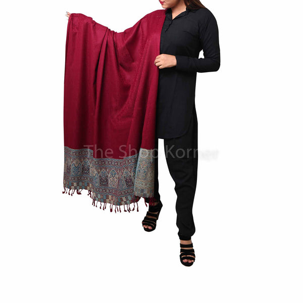 Reddish Maroon Acro Woolen Kani Palla Shawl / Stole For Her
