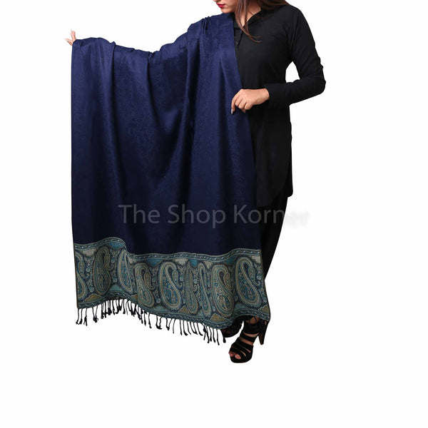 Navy Blue Acro Woolen Kani Palla Shawl / Stole For Her