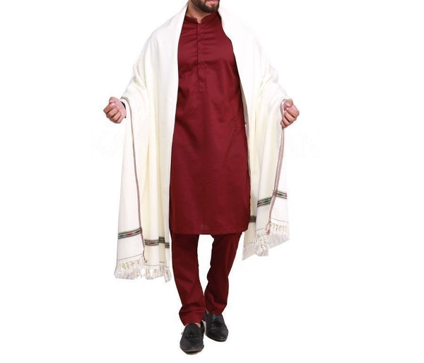 White Pure Acro-Woolen Dhussa Shawl For Men